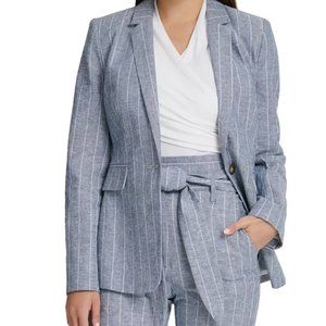 DKNY Blue Striped One Button Cotton Blazer